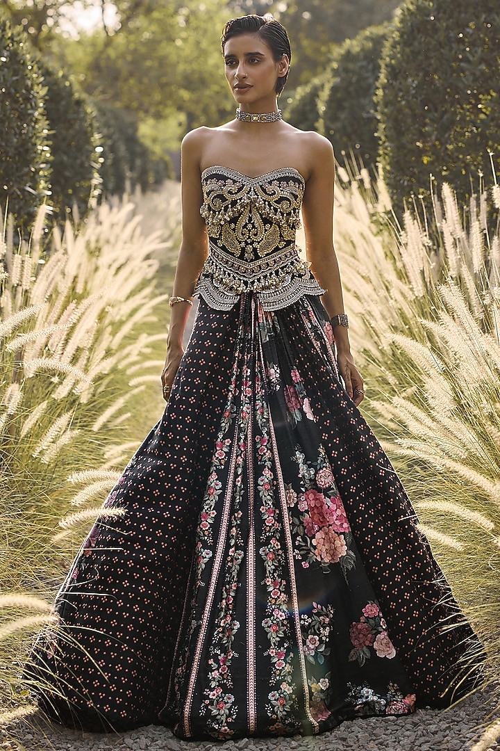 Black Raw Silk Printed Wedding Lehenga Set by Ridhi Mehra at Pernia's Pop Up Shop