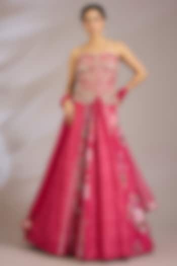 Fuchsia Raw Silk Printed Wedding Lehenga Set by Ridhi Mehra at Pernia's Pop Up Shop
