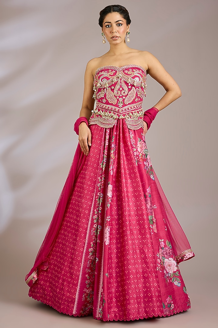 Fuchsia Raw Silk Printed Wedding Lehenga Set by Ridhi Mehra at Pernia's Pop Up Shop