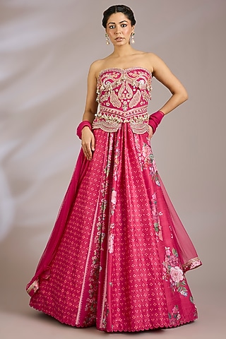 Fuchsia Raw Silk Printed Lehenga Set by Ridhi Mehra