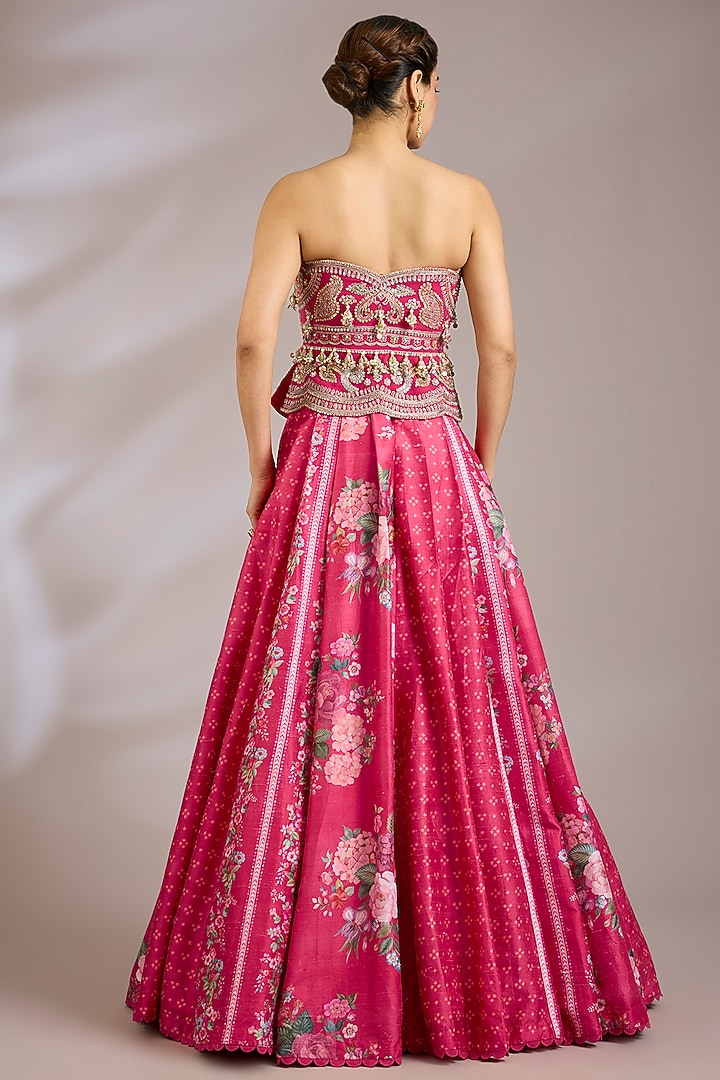 Fuchsia Raw Silk Printed Wedding Lehenga Set by Ridhi Mehra at Pernia's Pop Up Shop