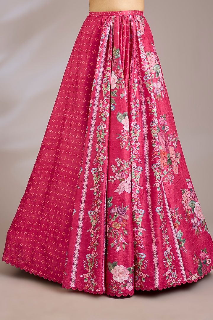Fuchsia Raw Silk Printed Wedding Lehenga Set by Ridhi Mehra at Pernia's Pop Up Shop