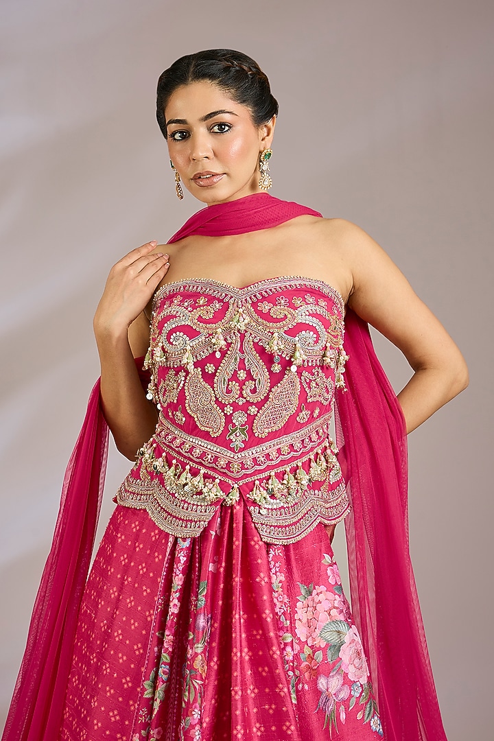 Fuchsia Raw Silk Printed Wedding Lehenga Set by Ridhi Mehra at Pernia's Pop Up Shop