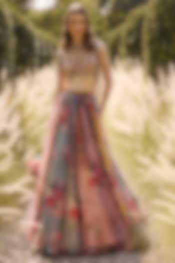 Multi-Colored Organza Printed & Embroidered Wedding Lehenga Set by Ridhi Mehra at Pernia's Pop Up Shop