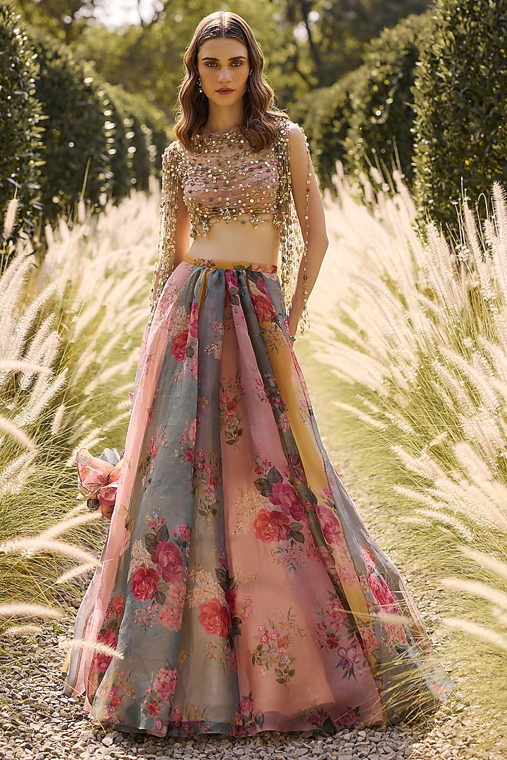 Multi-Colored Organza Printed & Embroidered Wedding Lehenga Set by Ridhi Mehra at Pernia's Pop Up Shop