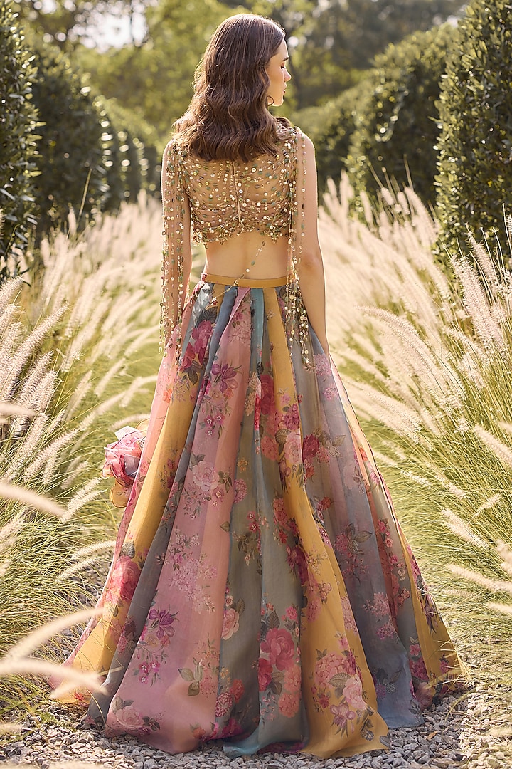 Multi-Colored Organza Printed & Embroidered Wedding Lehenga Set by Ridhi Mehra at Pernia's Pop Up Shop
