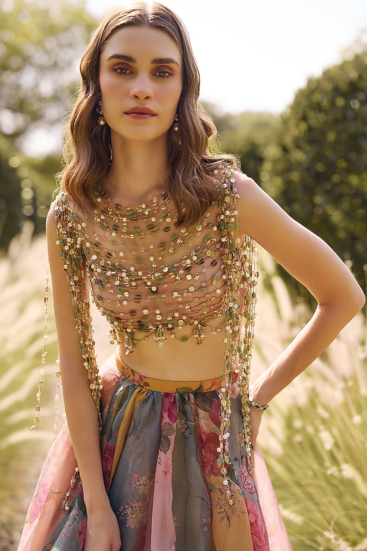 Multi-Colored Organza Printed & Embroidered Wedding Lehenga Set by Ridhi Mehra at Pernia's Pop Up Shop