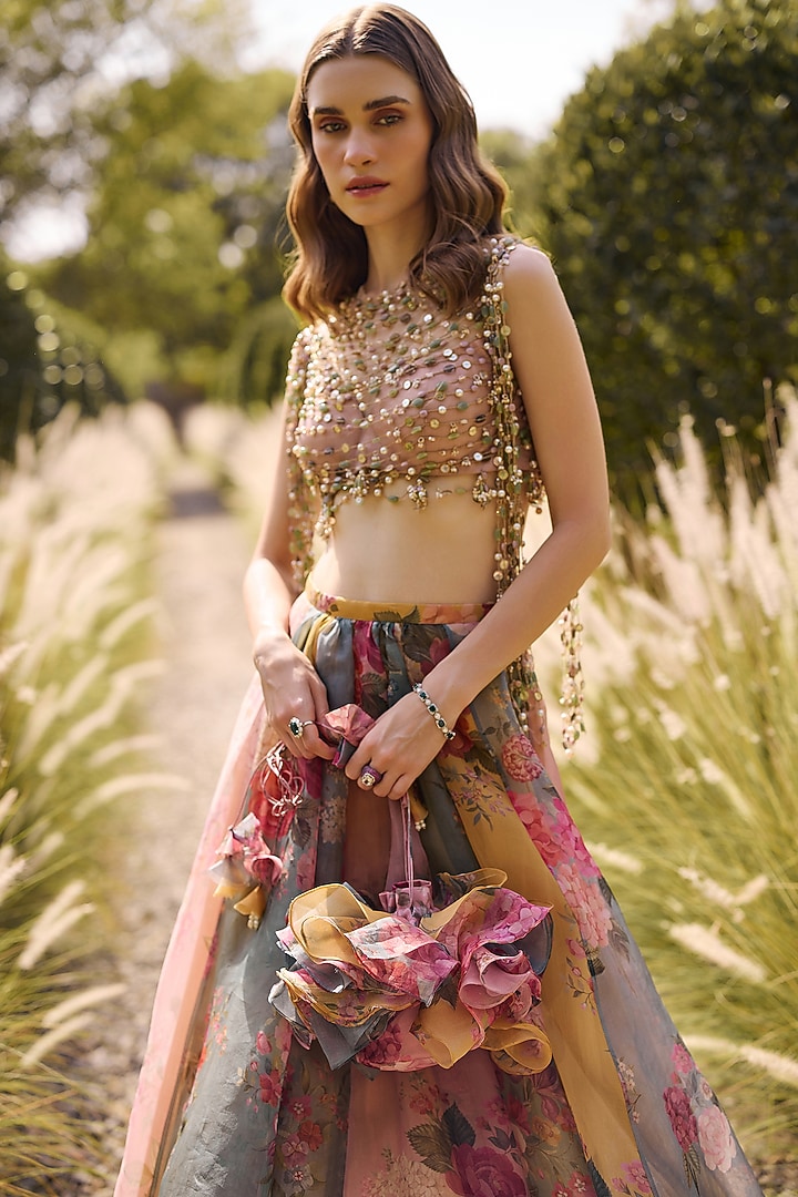 Multi-Colored Organza Printed & Embroidered Wedding Lehenga Set by Ridhi Mehra at Pernia's Pop Up Shop
