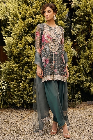 Sage Green Organza Printed & Embroidered Kurta Set by Ridhi Mehra