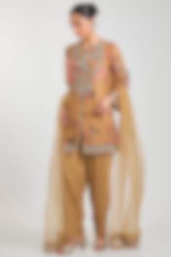 Mustard Yellow Organza Floral Printed Kurta Set by Ridhi Mehra at Pernia's Pop Up Shop