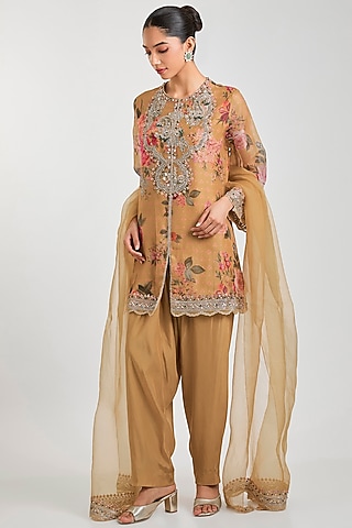 Mustard Yellow Organza Floral Printed Kurta Set by Ridhi Mehra