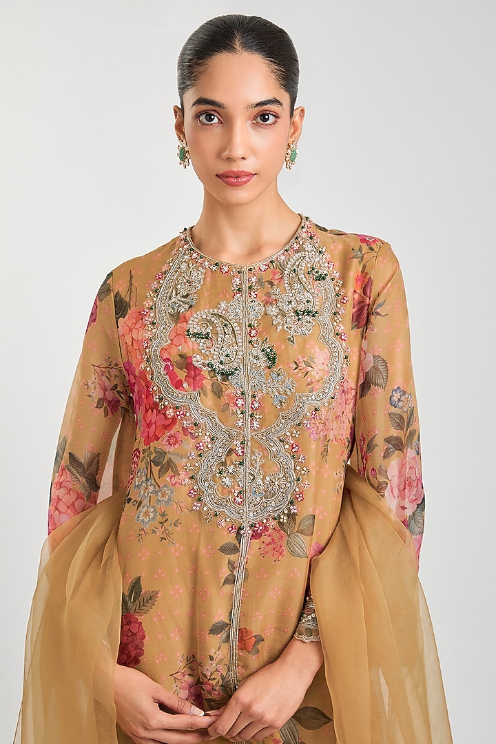Mustard Yellow Organza Floral Printed Kurta Set by Ridhi Mehra at Pernia's Pop Up Shop