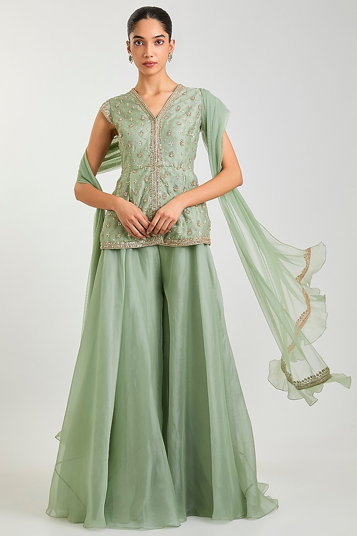 Light Green Organza Embroidered Wedding Sharara Set by Ridhi Mehra at Pernia's Pop Up Shop