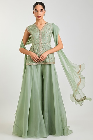 Light Green Organza Embroidered Sharara Set by Ridhi Mehra