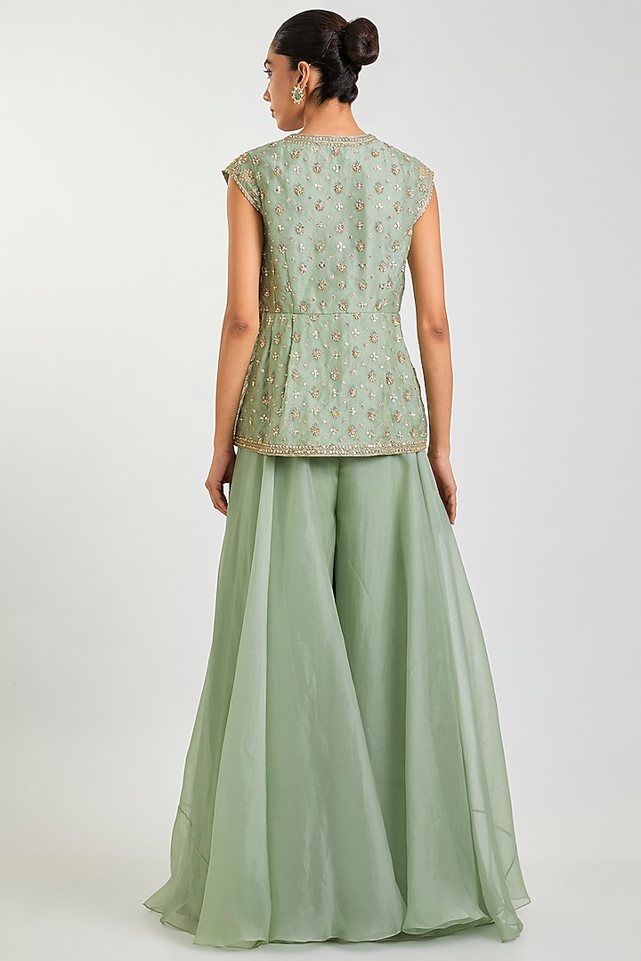 Light Green Organza Embroidered Wedding Sharara Set by Ridhi Mehra at Pernia's Pop Up Shop