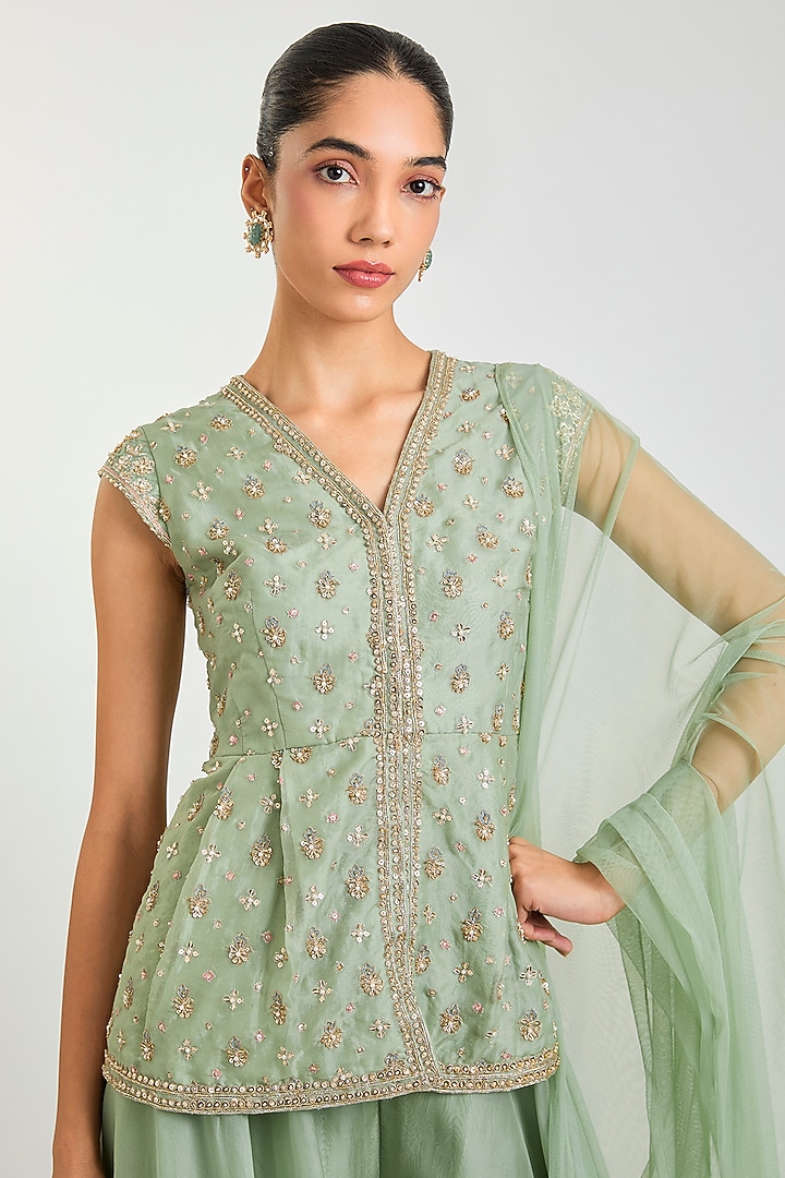 Light Green Organza Embroidered Wedding Sharara Set by Ridhi Mehra at Pernia's Pop Up Shop
