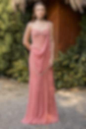 Fuchsia Chiffon Printed Pre-Stitched Wedding Saree Set by Ridhi Mehra at Pernia's Pop Up Shop