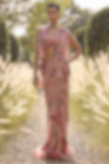 Dusky Pink Georgette Printed Ruffled Wedding Saree Set by Ridhi Mehra at Pernia's Pop Up Shop