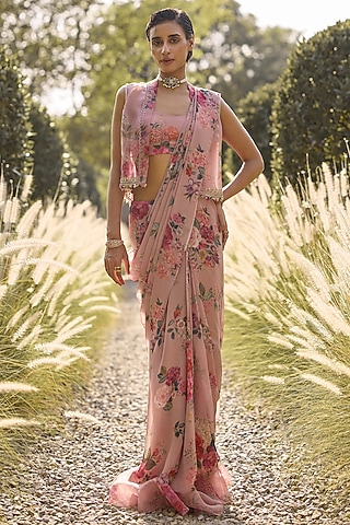 Dusky Pink Georgette Printed Ruffled Saree Set by Ridhi Mehra