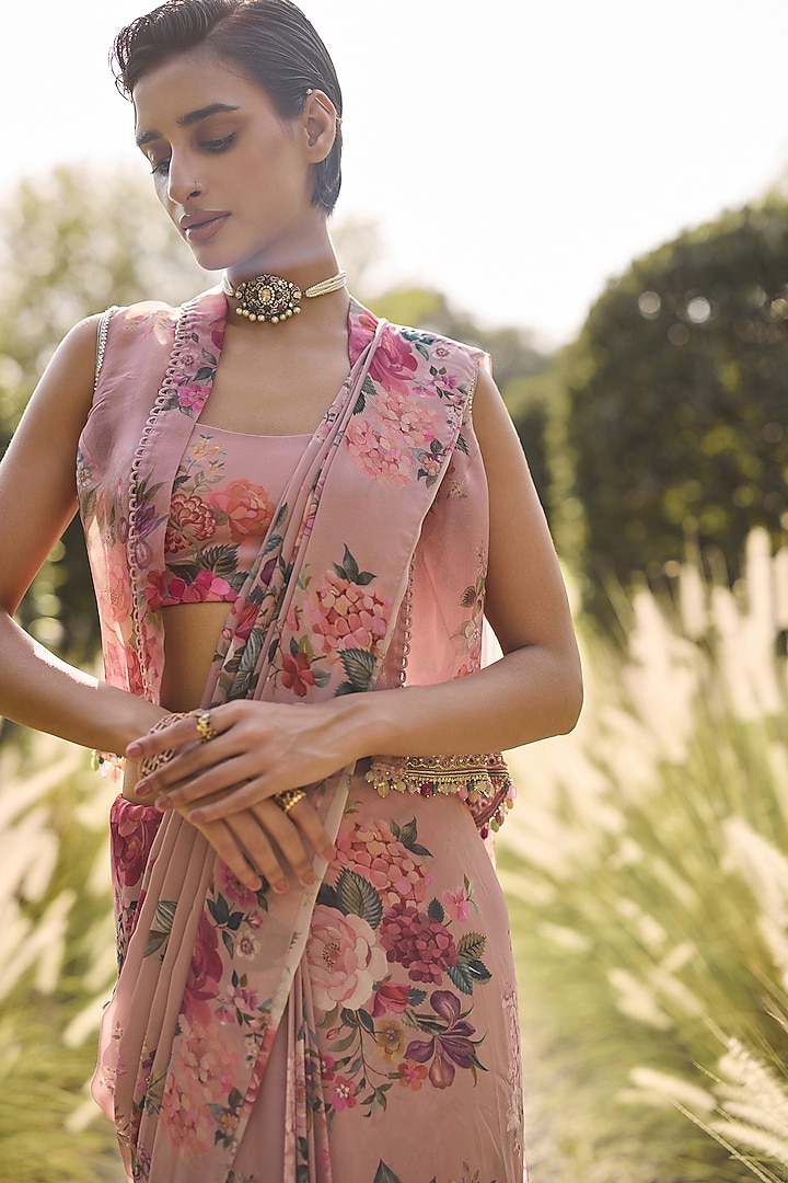 Dusky Pink Georgette Printed Ruffled Wedding Saree Set by Ridhi Mehra at Pernia's Pop Up Shop
