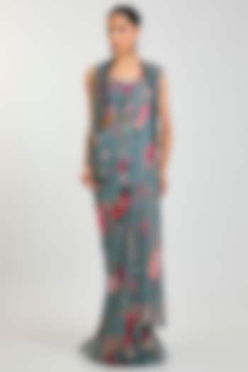Powder Blue Georgette Floral Printed Ruffled Wedding Saree Set by Ridhi Mehra at Pernia's Pop Up Shop
