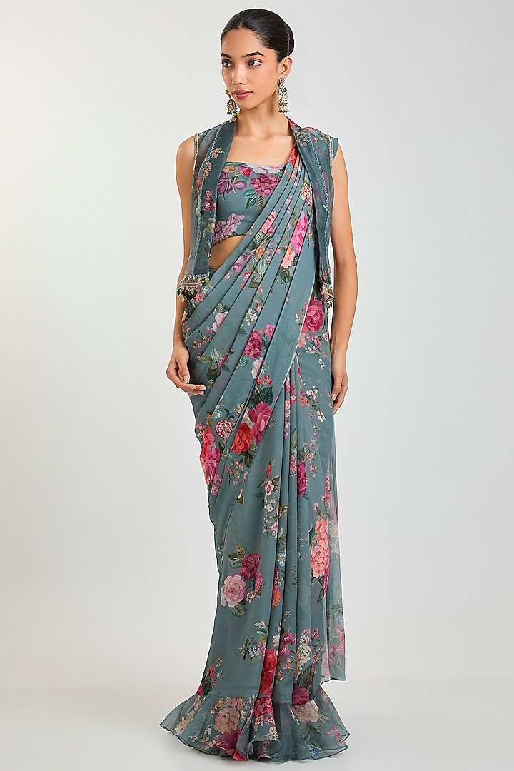 Powder Blue Georgette Floral Printed Ruffled Wedding Saree Set by Ridhi Mehra at Pernia's Pop Up Shop