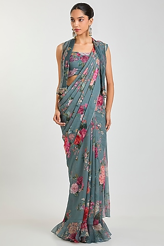 Powder Blue Georgette Floral Printed Ruffled Saree Set by Ridhi Mehra