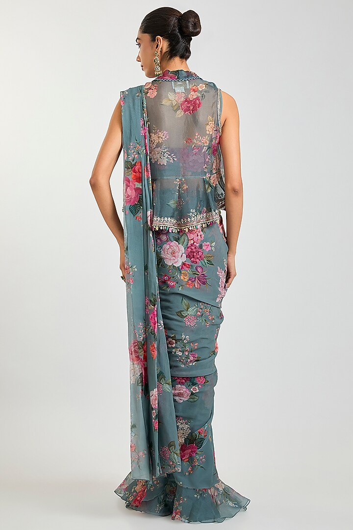 Powder Blue Georgette Floral Printed Ruffled Wedding Saree Set by Ridhi Mehra at Pernia's Pop Up Shop