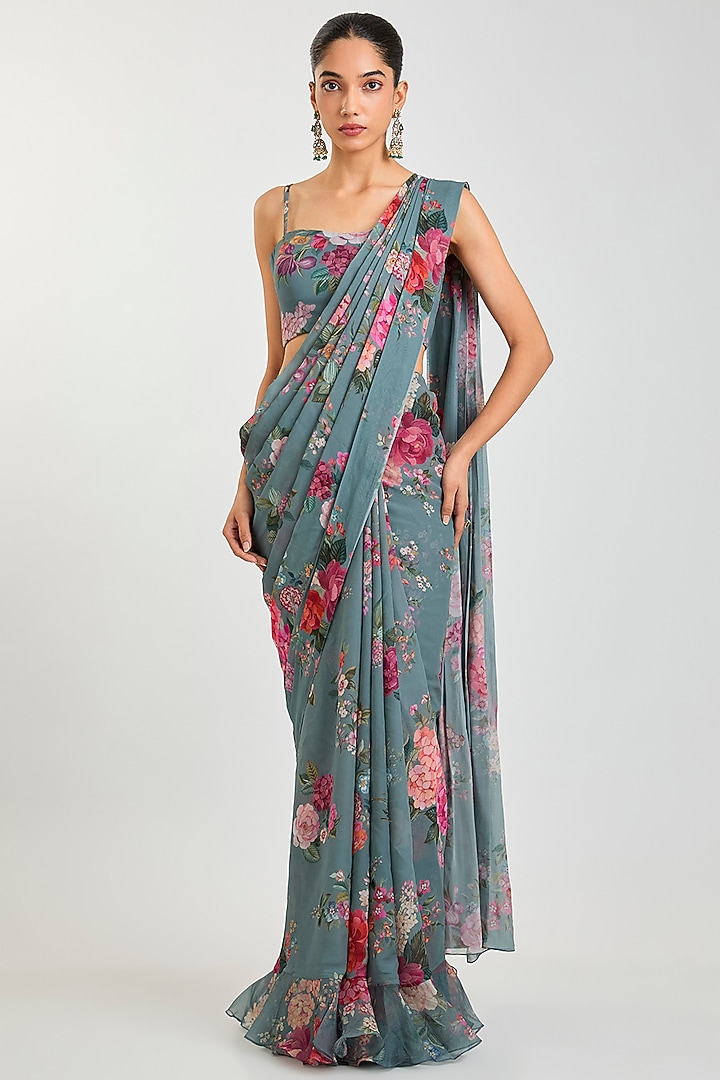 Powder Blue Georgette Floral Printed Ruffled Wedding Saree Set by Ridhi Mehra at Pernia's Pop Up Shop