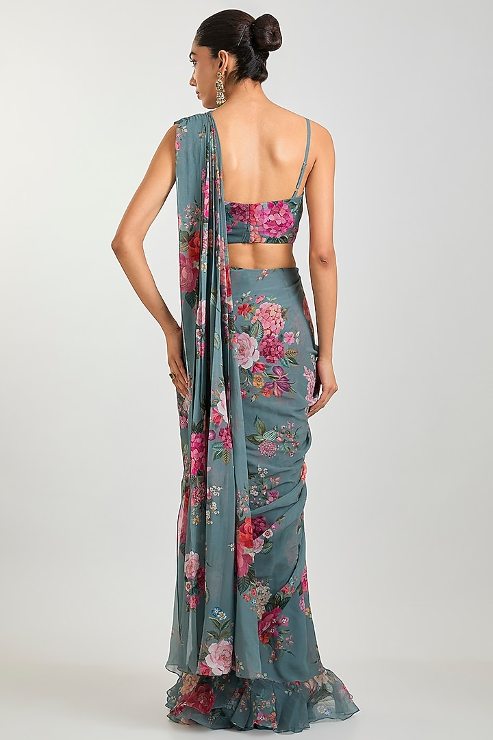 Powder Blue Georgette Floral Printed Ruffled Wedding Saree Set by Ridhi Mehra at Pernia's Pop Up Shop