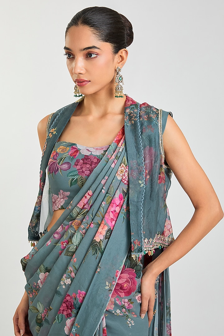 Powder Blue Georgette Floral Printed Ruffled Wedding Saree Set by Ridhi Mehra at Pernia's Pop Up Shop