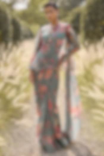 Sage Green Georgette Printed Ruffled Wedding Saree Set by Ridhi Mehra at Pernia's Pop Up Shop