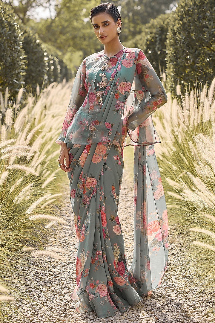 Sage Green Georgette Printed Ruffled Wedding Saree Set by Ridhi Mehra at Pernia's Pop Up Shop