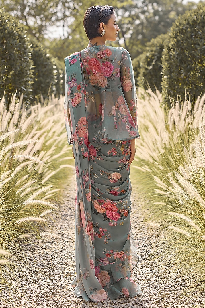 Sage Green Georgette Printed Ruffled Wedding Saree Set by Ridhi Mehra at Pernia's Pop Up Shop
