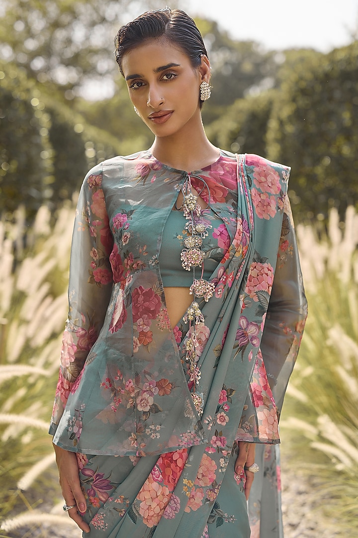 Sage Green Georgette Printed Ruffled Wedding Saree Set by Ridhi Mehra at Pernia's Pop Up Shop