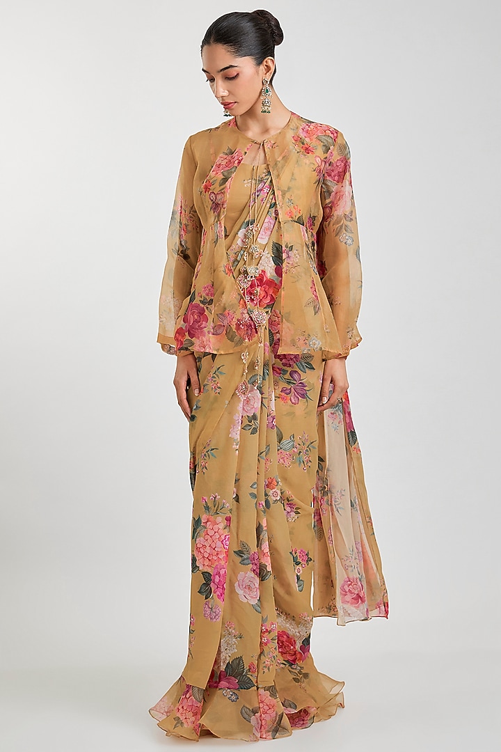 Mustard Yellow Georgette Floral Printed Ruffled Wedding Saree Set by Ridhi Mehra at Pernia's Pop Up Shop