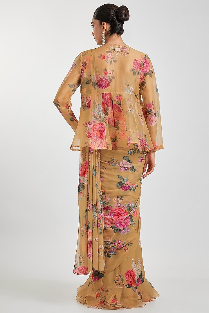 Mustard Yellow Georgette Floral Printed Ruffled Wedding Saree Set by Ridhi Mehra at Pernia's Pop Up Shop