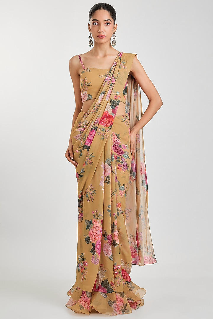 Mustard Yellow Georgette Floral Printed Ruffled Wedding Saree Set by Ridhi Mehra at Pernia's Pop Up Shop