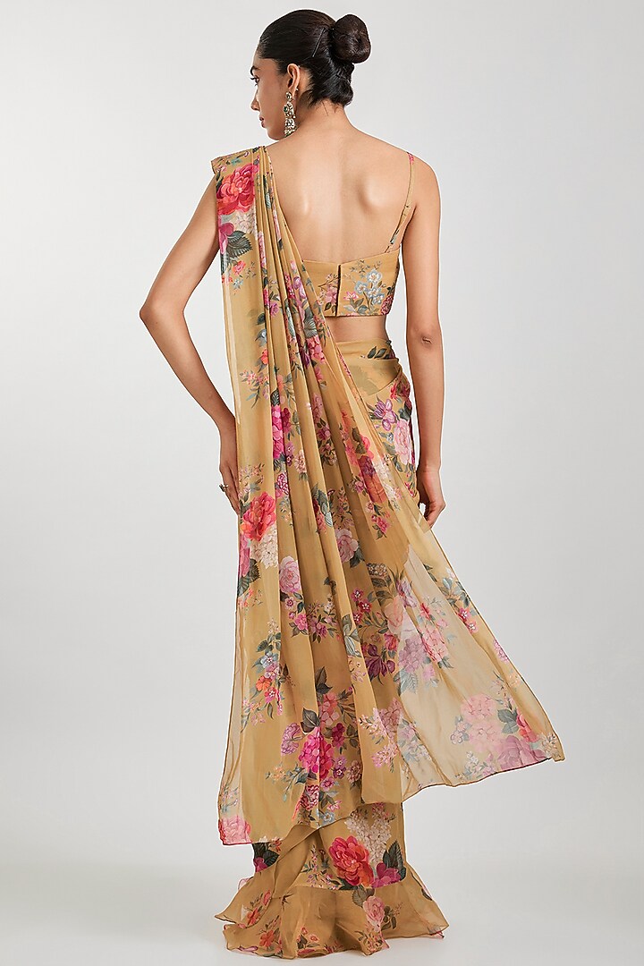 Mustard Yellow Georgette Floral Printed Ruffled Wedding Saree Set by Ridhi Mehra at Pernia's Pop Up Shop