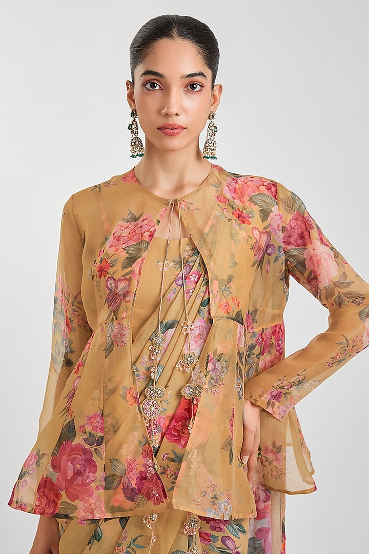 Mustard Yellow Georgette Floral Printed Ruffled Wedding Saree Set by Ridhi Mehra at Pernia's Pop Up Shop