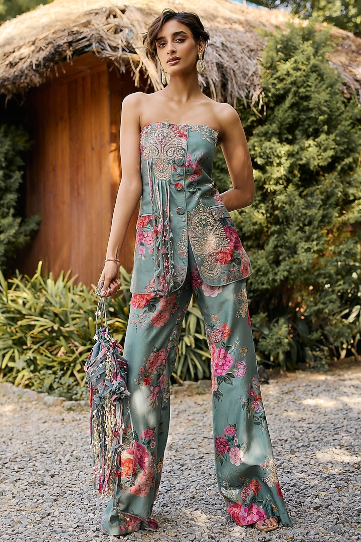 Sage Green Chanderi Printed Pant Set by Ridhi Mehra at Pernia's Pop Up Shop