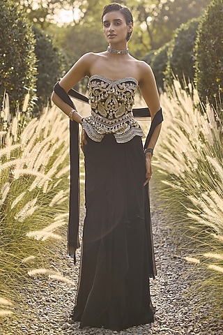Black Chiffon Draped Saree Set by Ridhi Mehra
