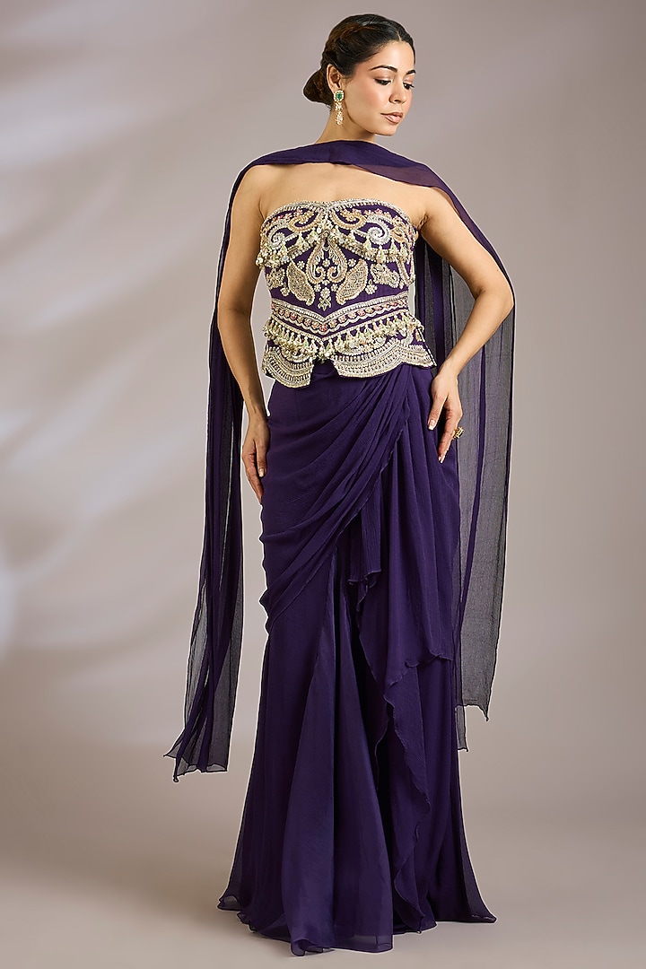Purple Chiffon & Net Draped Skirt Set by Ridhi Mehra at Pernia's Pop Up Shop