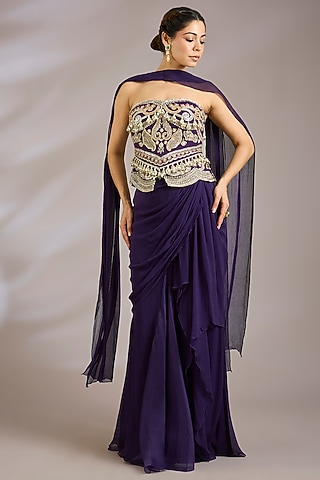Purple Chiffon & Net Draped Skirt Set by Ridhi Mehra