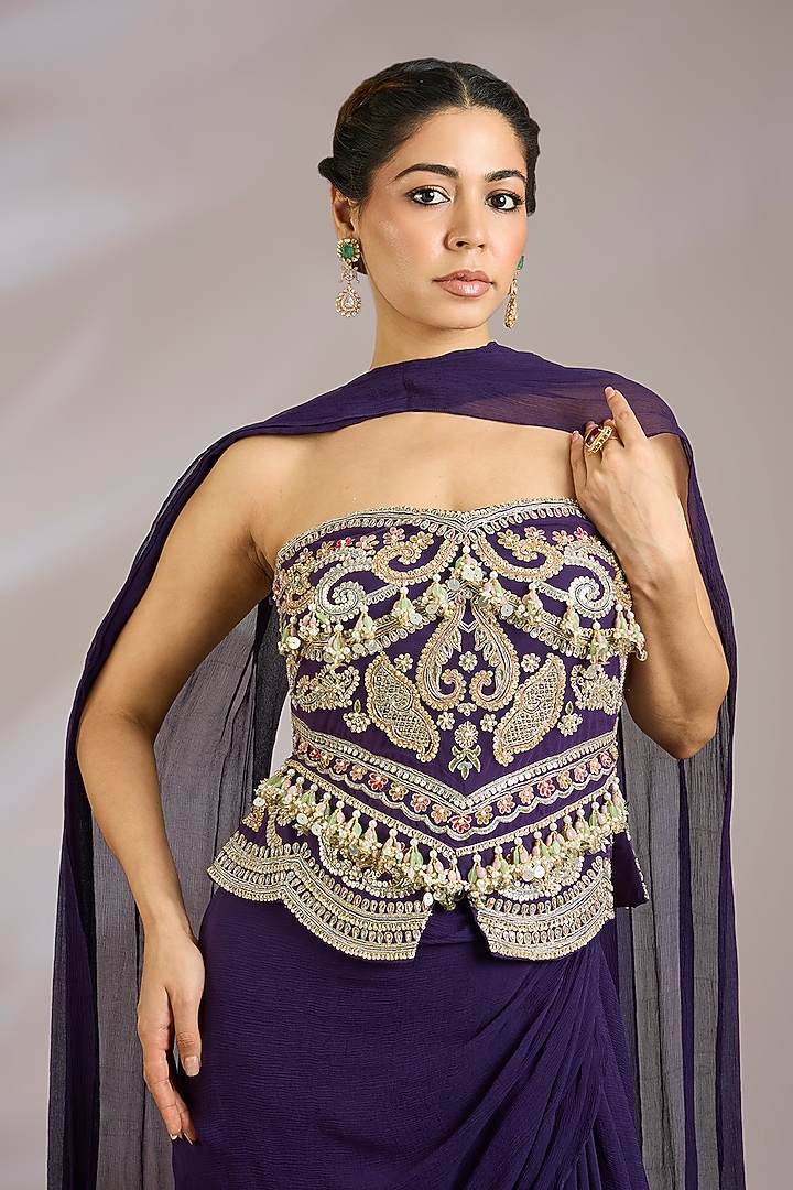 Purple Chiffon & Net Draped Skirt Set by Ridhi Mehra at Pernia's Pop Up Shop