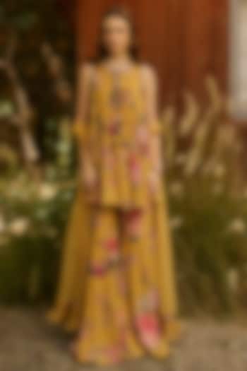 Yellow Georgette Printed Gharara Set by Ridhi Mehra at Pernia's Pop Up Shop