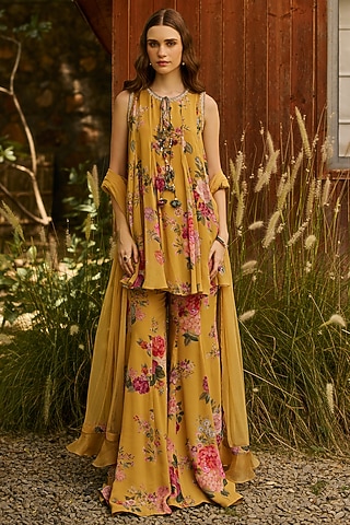 Yellow Georgette Printed Gharara Set by Ridhi Mehra