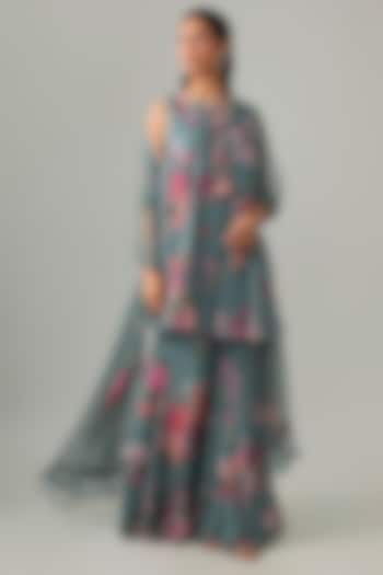 Powder Blue Georgette Printed Gharara Set by Ridhi Mehra at Pernia's Pop Up Shop