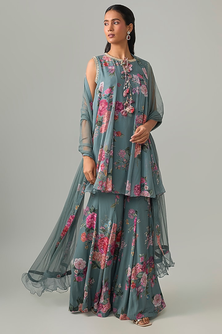 Powder Blue Georgette Printed Gharara Set by Ridhi Mehra at Pernia's Pop Up Shop