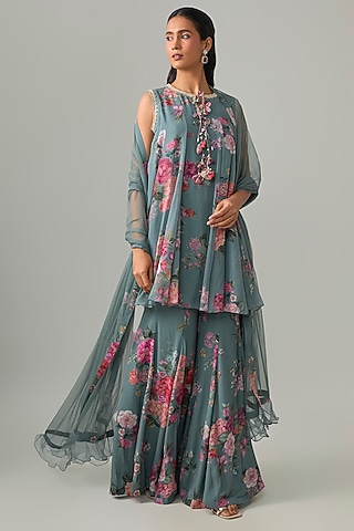 Powder Blue Georgette Printed Gharara Set by Ridhi Mehra